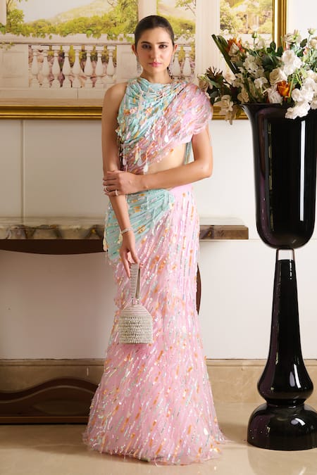 Moledro Pink Georgette Embroidery Sequin High Round Zil Embellished Draped Saree Gown 