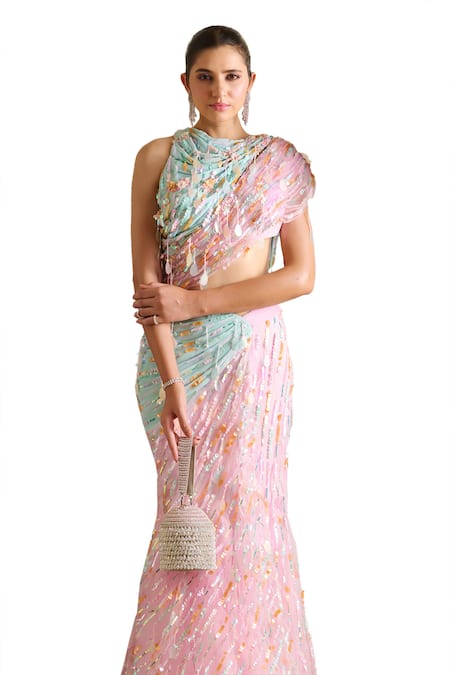 Moledro_Pink Georgette, Linen Sequins High Neck Zil Embellished Draped Saree Gown _Online_at_Aza_Fashions