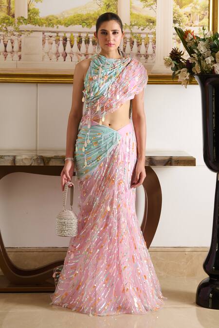 Buy_Moledro_Pink Georgette, Linen Sequins High Neck Zil Embellished Draped Saree Gown _Online_at_Aza_Fashions
