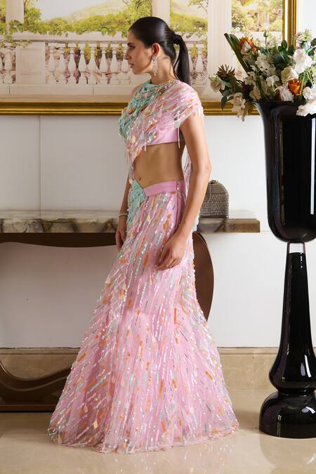Moledro_Pink Georgette, Linen Sequins High Neck Zil Embellished Draped Saree Gown _at_Aza_Fashions