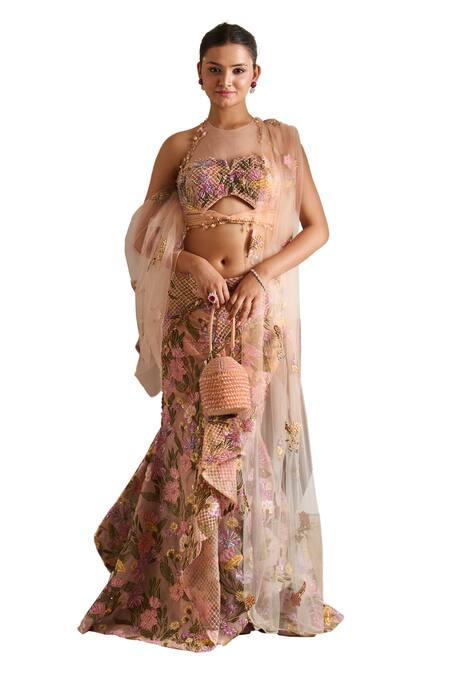 Moledro_Peach Organza Pearls, Sequins, Ziva Bloomy Embroidered Blouse With Draped Skirt _Online_at_Aza_Fashions