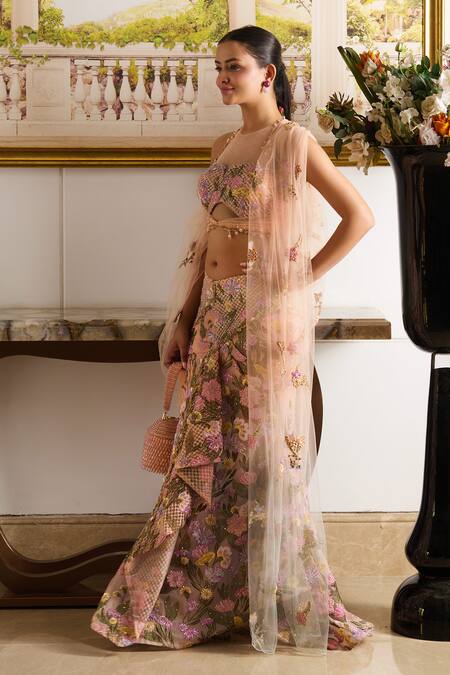 Shop_Moledro_Peach Organza Pearls, Sequins, Ziva Bloomy Embroidered Blouse With Draped Skirt _Online_at_Aza_Fashions