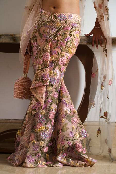 Shop_Moledro_Peach Organza Pearls, Sequins, Ziva Bloomy Embroidered Blouse With Draped Skirt 