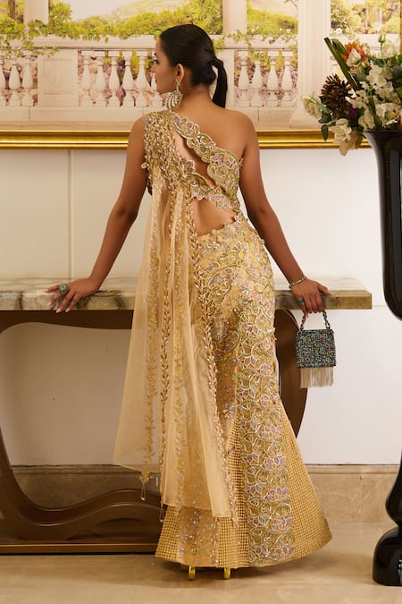 Moledro Gold One Shoulder Embroidered Saree Gown 
