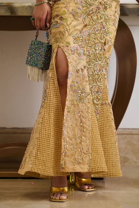 Moledro_Gold Organza Sequins, Pearls, Crystals, Beads One Embroidered Saree Gown _at_Aza_Fashions