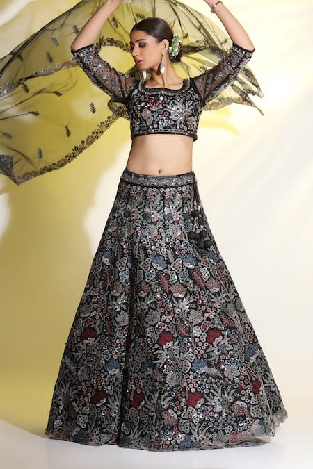 Buy Meenagurnam Black Net, Linen Cut Work, Sequins Square Hand Embellished Blouse Lehenga Set Online at Aza Fashions Buy_Meenagurnam_Black Net, Linen Cut Work, Sequins Square Hand Embellished Blouse Lehenga Set _Online_at_Aza_Fashions