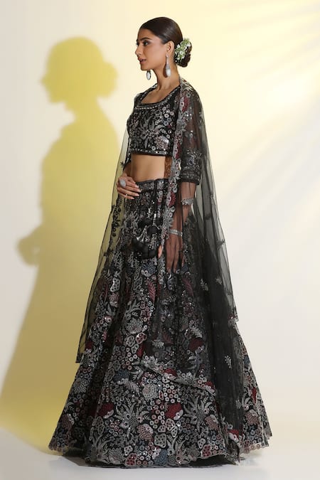 Shop Meenagurnam Black Net, Linen Cut Work, Sequins Square Hand Embellished Blouse Lehenga Set Online at Aza Fashions Shop_Meenagurnam_Black Net, Linen Cut Work, Sequins Square Hand Embellished Blouse Lehenga Set _Online_at_Aza_Fashions