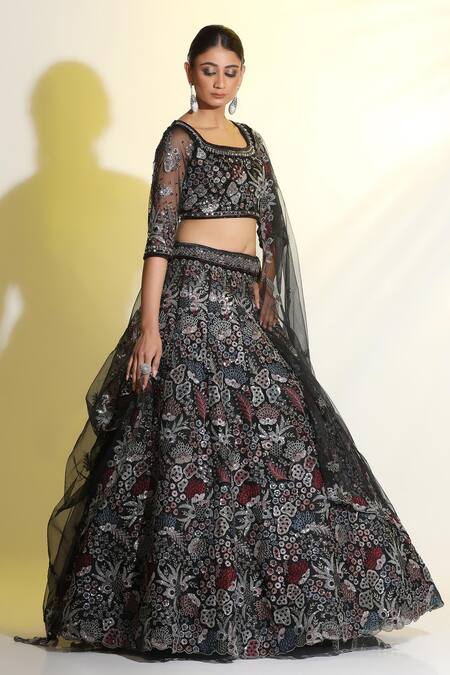 Meenagurnam Black Net, Linen Cut Work, Sequins Square Hand Embellished Blouse Lehenga Set at Aza Fashions Meenagurnam_Black Net, Linen Cut Work, Sequins Square Hand Embellished Blouse Lehenga Set _at_Aza_Fashions