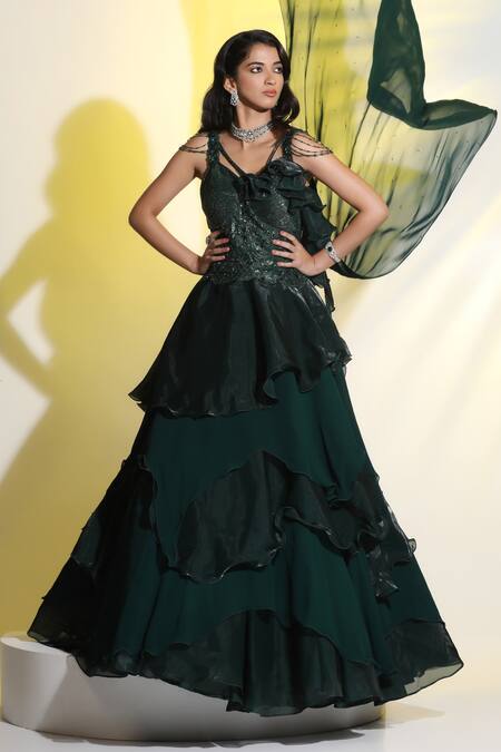 Meenagurnam_Emerald Green Net Hand Embellished Cutdana V Neck Embroidered Ruffled Gown_Online_at_Aza_Fashions