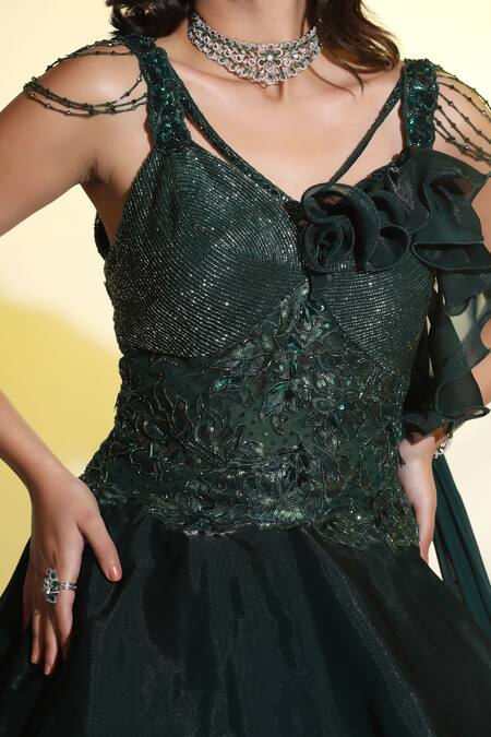 Buy_Meenagurnam_Emerald Green Net Hand Embellished Cutdana V Neck Embroidered Ruffled Gown_Online_at_Aza_Fashions