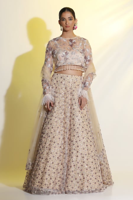 Buy Meenagurnam Beige Net, Linen Sequins, Beads Round Neck And Embroidered Lehenga Set Online at Aza Fashions Buy_Meenagurnam_Beige Net, Linen Sequins, Beads Round Neck And Embroidered Lehenga Set _Online_at_Aza_Fashions