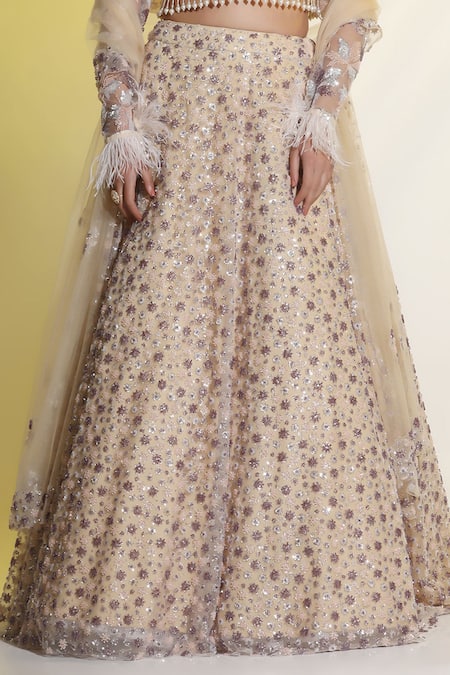 Shop Meenagurnam Beige Net, Linen Sequins, Beads Round Neck And Embroidered Lehenga Set Online at Aza Fashions Shop_Meenagurnam_Beige Net, Linen Sequins, Beads Round Neck And Embroidered Lehenga Set _Online_at_Aza_Fashions