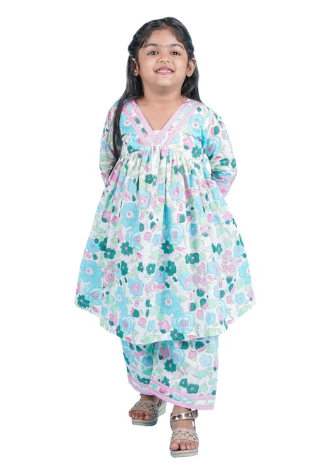 Kalp_Blue Cotton Lace Ivy Blossom Print Anarkali With Pant _Online_at_Aza_Fashions