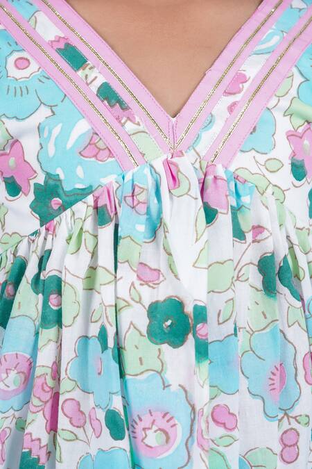 Kalp_Blue Cotton Lace Ivy Blossom Print Anarkali With Pant _at_Aza_Fashions