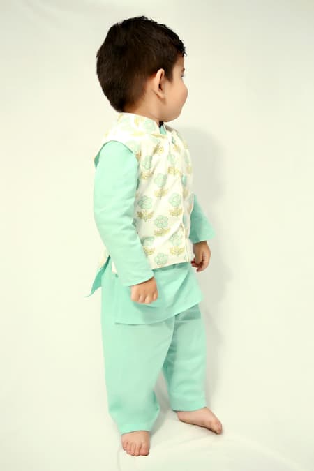 Shop Kalp White Cotton Botanic Print Bundi Kurta Set at Aza Fashions Shop_Kalp_White Cotton Botanic Print Bundi Kurta Set _at_Aza_Fashions