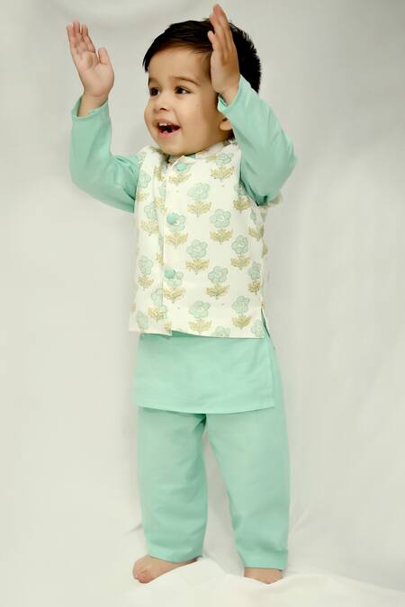 Shop Kalp White Cotton Botanic Print Bundi Kurta Set Online at Aza Fashions Shop_Kalp_White Cotton Botanic Print Bundi Kurta Set _Online_at_Aza_Fashions