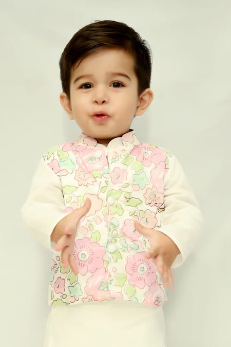 Kalp_White Cotton Floral Blossom Print Bundi Kurta Set _Online_at_Aza_Fashions