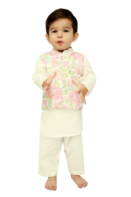 Buy_Kalp_White Cotton Floral Blossom Print Bundi Kurta Set _Online_at_Aza_Fashions