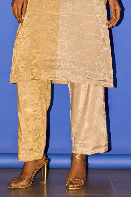 Esha Arora_Gold Tissue, Cotton, Silk Cut Work V-neck Patchwork Embroidered Jacket Pant Set _Online_at_Aza_Fashions