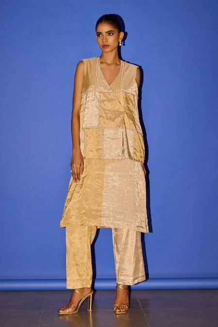 Buy_Esha Arora_Gold Tissue, Cotton, Silk Cut Work V-neck Patchwork Embroidered Jacket Pant Set _Online_at_Aza_Fashions