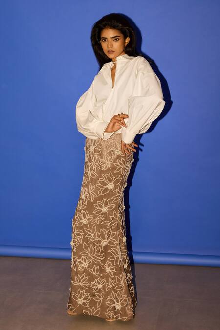 Esha Arora_Brown Cotton Satin Pearls Embroidered Fish Skirt _Online_at_Aza_Fashions