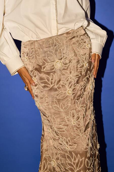 Shop_Esha Arora_Brown Cotton Satin Pearls Embroidered Fish Skirt _Online_at_Aza_Fashions