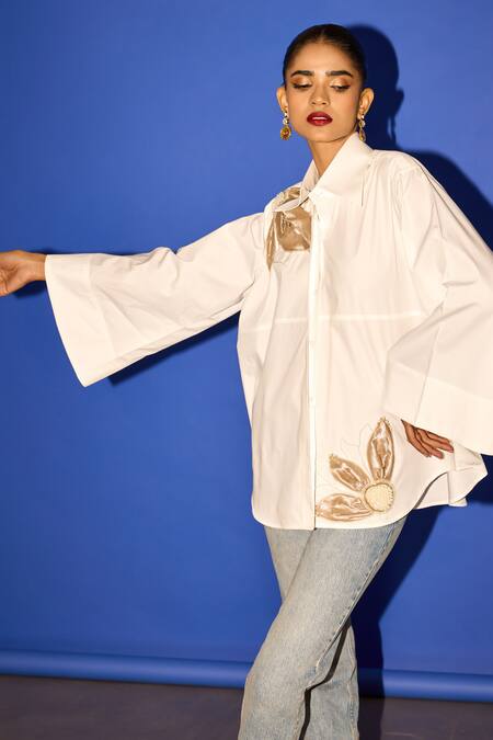 Buy_Esha Arora_White Cotton Pearls Collared Flower Embroidered Shirt _Online_at_Aza_Fashions