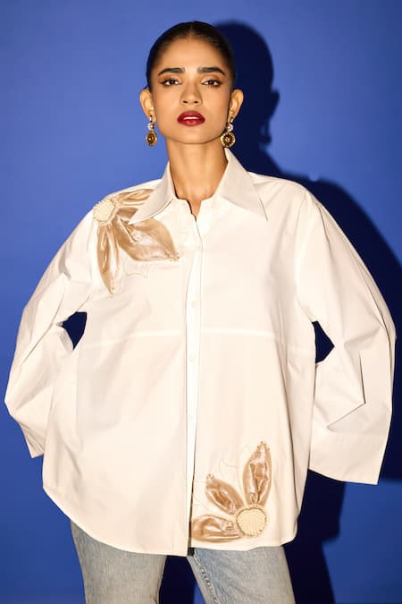 Shop_Esha Arora_White Cotton Pearls Collared Flower Embroidered Shirt _Online_at_Aza_Fashions