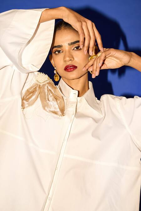 Esha Arora_White Cotton Pearls Collared Flower Embroidered Shirt _at_Aza_Fashions