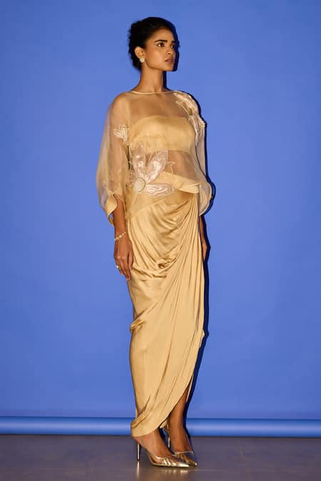 Esha Arora_Gold Organza, Cotton Satin Pearls, Embroidery Floral Kaftan Dhoti Skirt Set _Online_at_Aza_Fashions