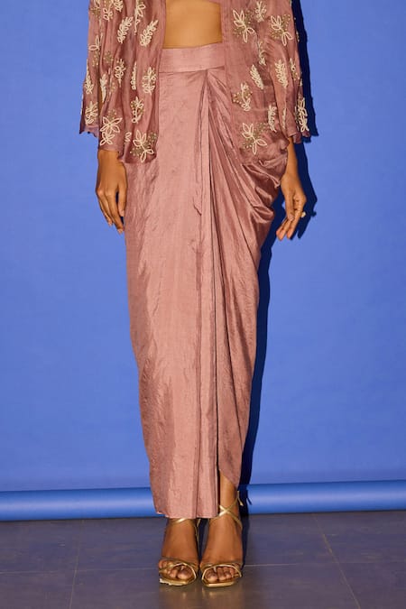 Esha Arora Pink Organza, Cotton Satin Pearls Sweetheart Embroidered Cape Dhoti Skirt Set Online at Aza Fashions Esha Arora_Pink Organza, Cotton Satin Pearls Sweetheart Embroidered Cape Dhoti Skirt Set _Online_at_Aza_Fashions