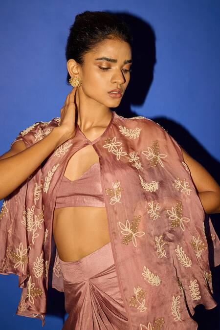 Buy Esha Arora Pink Organza, Cotton Satin Pearls Sweetheart Embroidered Cape Dhoti Skirt Set Buy_Esha Arora_Pink Organza, Cotton Satin Pearls Sweetheart Embroidered Cape Dhoti Skirt Set