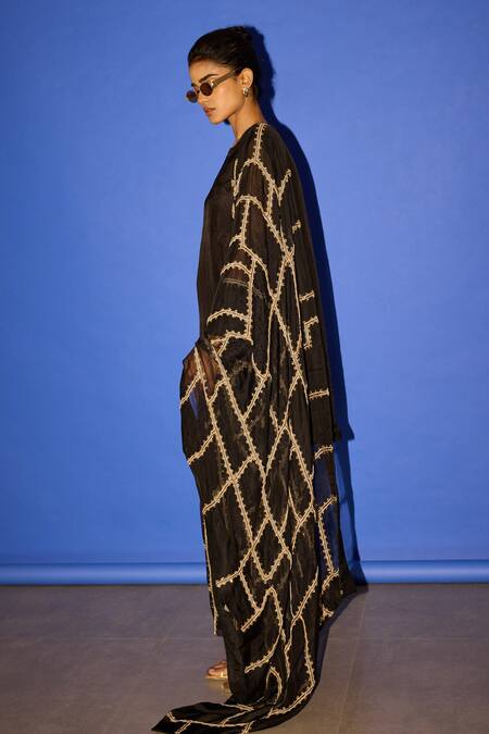 Esha Arora_Black Organza Embroidery Round Neck Sleeve Kurta And Flared Pant Set _at_Aza_Fashions