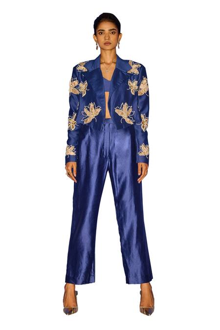 Esha Arora_Blue Silk, Linen Pearls Round Neck Floral Embroidered Blazer Pant Set _Online_at_Aza_Fashions