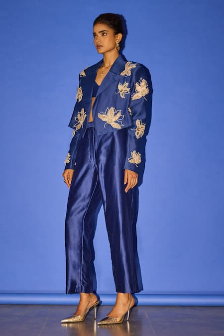 Buy_Esha Arora_Blue Silk, Linen Pearls Round Neck Floral Embroidered Blazer Pant Set _Online_at_Aza_Fashions