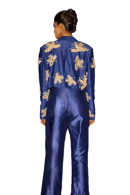 Esha Arora_Blue Silk, Linen Pearls Round Neck Floral Embroidered Blazer Pant Set _at_Aza_Fashions