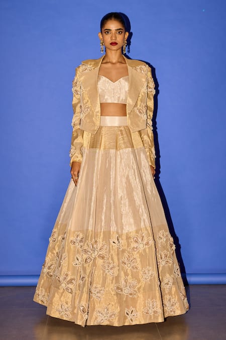 Esha Arora_Gold Tissue, Silk, Linen Pearls Collared Floral Embroidered Blazer Lehenga Set _Online_at_Aza_Fashions