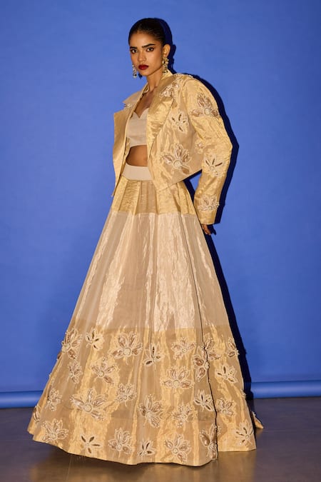 Buy_Esha Arora_Gold Tissue, Silk, Linen Pearls Collared Floral Embroidered Blazer Lehenga Set _Online_at_Aza_Fashions