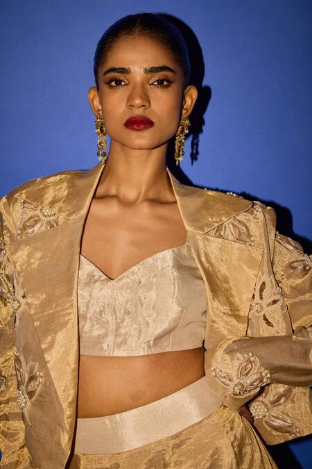 Esha Arora_Gold Tissue, Silk, Linen Pearls Collared Floral Embroidered Blazer Lehenga Set _at_Aza_Fashions