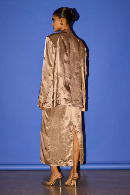Shop_Esha Arora_Brown Cotton Satin Pearls, Zari Round Neck Embroidered Blazer Skirt Set _at_Aza_Fashions