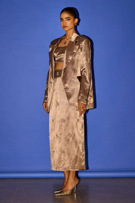 Buy_Esha Arora_Brown Cotton Satin Pearls, Zari Round Neck Embroidered Blazer Skirt Set _Online_at_Aza_Fashions