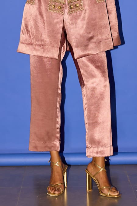 Esha Arora Brown Cotton Satin Embroidery Round Neck Floral Jaal Blazer Pant Set Online at Aza Fashions Esha Arora_Brown Cotton Satin Embroidery Round Neck Floral Jaal Blazer Pant Set _Online_at_Aza_Fashions