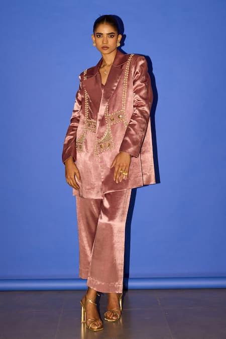 Buy Esha Arora Brown Cotton Satin Embroidery Round Neck Floral Jaal Blazer Pant Set Online at Aza Fashions Buy_Esha Arora_Brown Cotton Satin Embroidery Round Neck Floral Jaal Blazer Pant Set _Online_at_Aza_Fashions