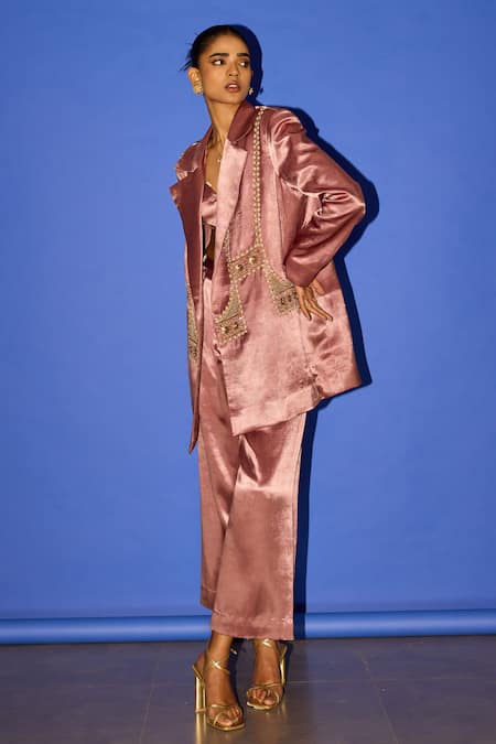 Shop Esha Arora Brown Cotton Satin Embroidery Round Neck Floral Jaal Blazer Pant Set Online at Aza Fashions Shop_Esha Arora_Brown Cotton Satin Embroidery Round Neck Floral Jaal Blazer Pant Set _Online_at_Aza_Fashions