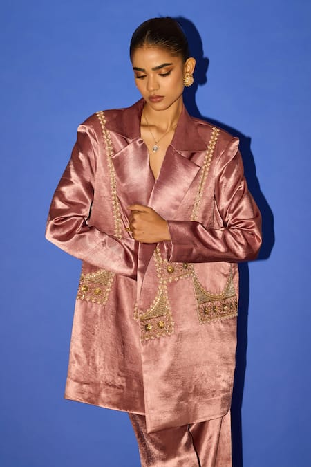 Esha Arora Brown Cotton Satin Embroidery Round Neck Floral Jaal Blazer Pant Set at Aza Fashions Esha Arora_Brown Cotton Satin Embroidery Round Neck Floral Jaal Blazer Pant Set _at_Aza_Fashions