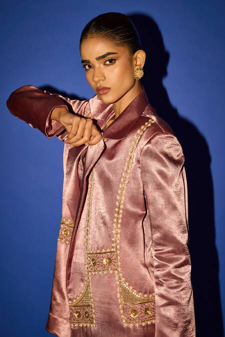 Shop Esha Arora Brown Cotton Satin Embroidery Round Neck Floral Jaal Blazer Pant Set Shop_Esha Arora_Brown Cotton Satin Embroidery Round Neck Floral Jaal Blazer Pant Set