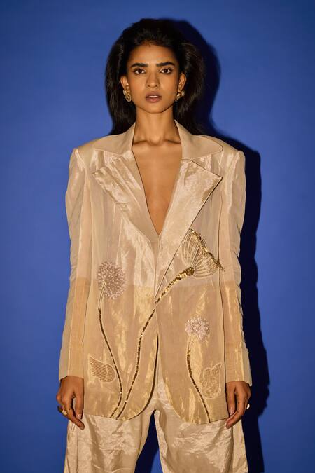 Shop_Esha Arora_Gold Tissue Pearls, Zari Zardozi Work Blazer And Pant Set _Online_at_Aza_Fashions
