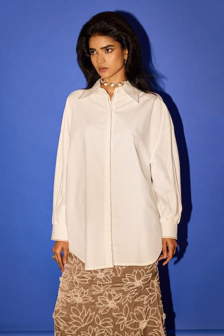 Esha Arora_White Cotton Embroidery Collared Line Placement Shirt _Online_at_Aza_Fashions