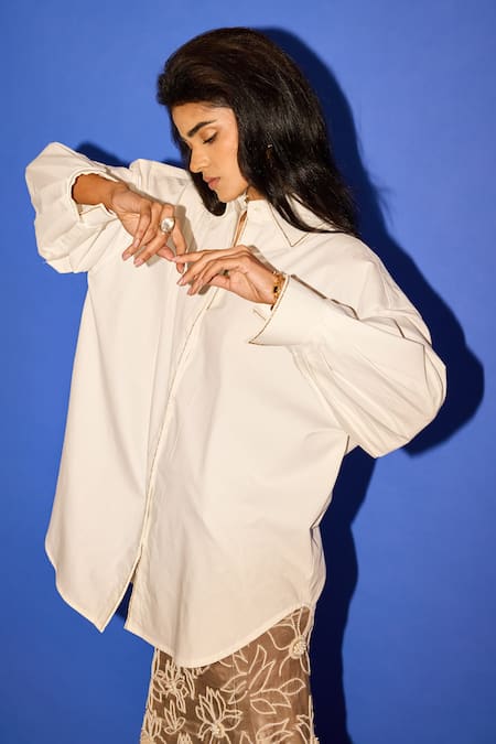 Buy_Esha Arora_White Cotton Embroidery Collared Line Placement Shirt _Online_at_Aza_Fashions