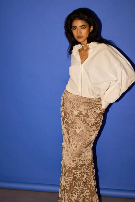 Esha Arora_White Cotton Embroidery Collared Line Placement Shirt _at_Aza_Fashions